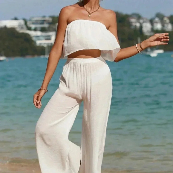 Beach Solid Color Strapless Top And Cover Up Wide Leg Pants - Picture 3 of 5
